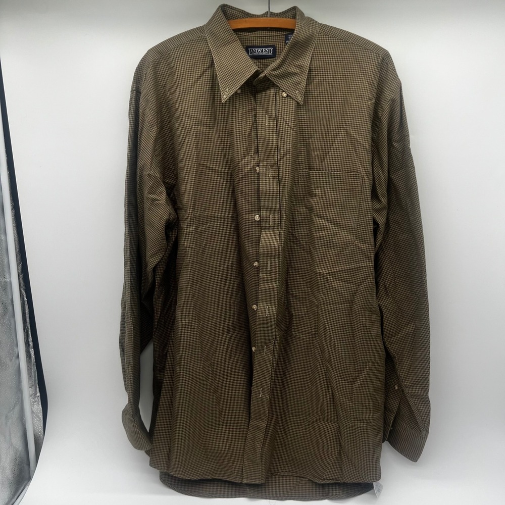 Lands End Mens Tall 17.5 37 Brown Micro Check Cotton Button Down‎ Shirt 5779-07